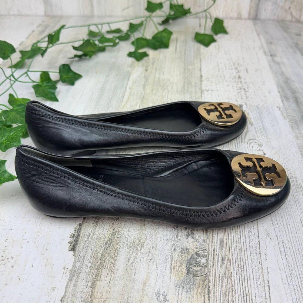 TORY BURCH BLACK BALLERINA BALLET SLIP ON FLATS W/ GOLD LOGO SIZE 6M - Picture 2 of 7